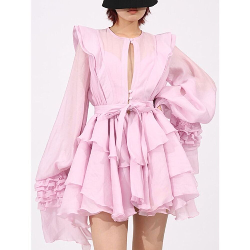 Extravagant Layered Long Sleeve Tunic Jacket Or Pink Ruffled Tiered Mini Dress
